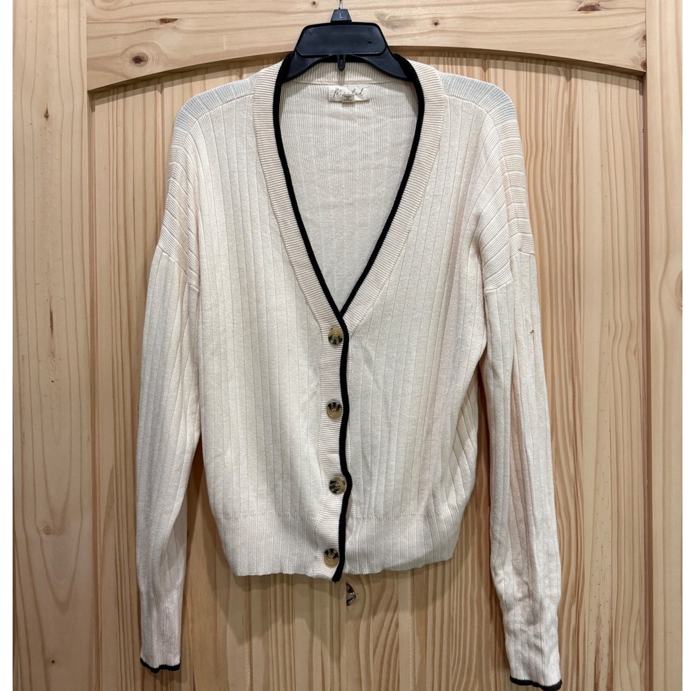 Marled Ivory Ribbed V-Neck Cardigan Black Trim Button Front Size M